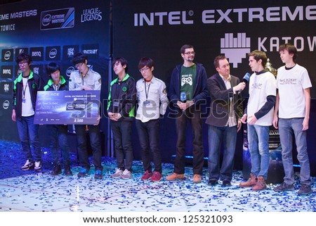 KATOWICE, POLAND - JANUARY 20: League of Legends winners at Intel Extreme Masters 2013 - Electronic Sports World Cup on January 20, 2013 in Katowice, Silesia, Poland.