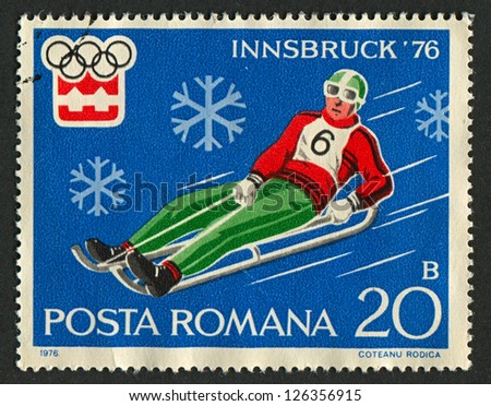 ROMANIA - CIRCA 1976: A stamp printed in Romania dedicated to XII Olympic Winter Games (1976) in Austria, circa 1976.