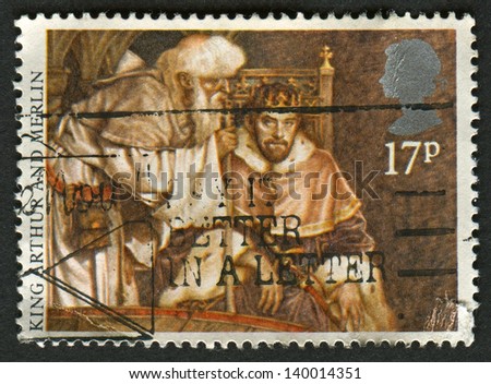 UK - CIRCA 1985: A stamp printed in UK shows image of the King Arthur and Merlin, Arthurian Legends, circa 1985.