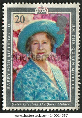 UK - CIRCA 1990: A stamp printed in UK shows image of the 90th Birthday of Queen Elizabeth the Queen Mother, circa 1990.