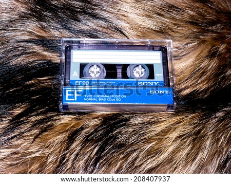 GOMEL, BELARUS-JUNE 11,2014:Sony cassette tape  on fur background. Sony Corporation, commonly referred to as Sony, is a Japanese multinational  corporation headquartered in Konan Minato, Tokyo, Japan.