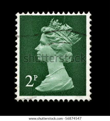 UNITED KINGDOM - CIRCA 1973: An English Used First Class Postage Stamp showing Portrait of Queen Elizabeth in green circa 1973.