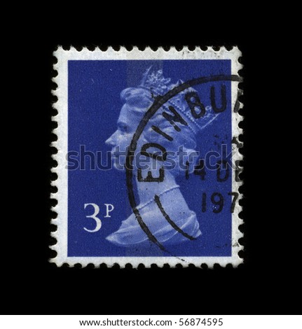 UNITED KINGDOM - CIRCA 1973: An English Used First Class Postage Stamp showing Portrait of Queen Elizabeth in dark blue circa 1973.