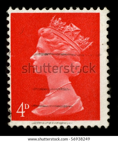 UNITED KINGDOM - CIRCA 1973: An English Used First Class Postage Stamp showing Portrait of Queen Elizabeth in red circa 1973.