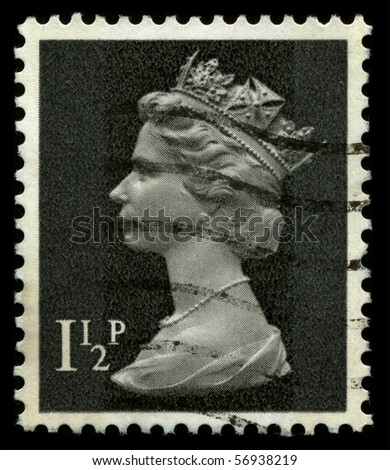 UNITED KINGDOM - CIRCA 1974: An English Used First Class Postage Stamp showing Portrait of Queen Elizabeth in black circa 1974.