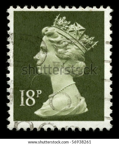 UNITED KINGDOM - CIRCA 1974: An English Used First Class Postage Stamp showing Portrait of Queen Elizabeth in light green circa 1974.