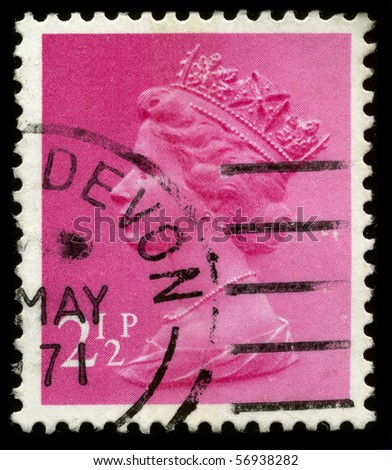 UNITED KINGDOM - CIRCA 1971: An English Used First Class Postage Stamp showing Portrait of Queen Elizabeth in pink circa 1971.