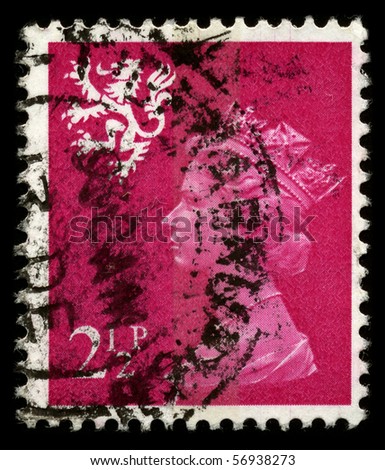 UNITED KINGDOM - CIRCA 1973: An English Used First Class Postage Stamp showing Portrait of Queen Elizabeth in dark red circa 1973.