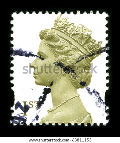 UNITED KINGDOM - CIRCA 2000: An English Used First Class Postage Stamp showing Portrait of Queen Elizabeth in gold circa 2000.