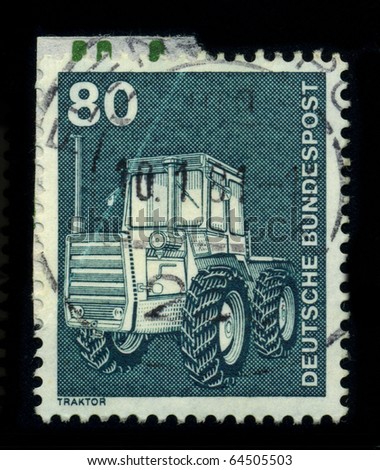GERMANY-CIRCA 1981:A stamp of the dedicated to the Tractor is a vehicle specifically designed to deliver a high tractive effort at slow speeds, circa 1981.
