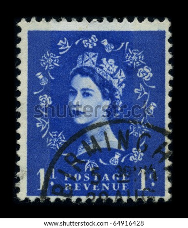 UNITED KINGDOM - CIRCA 1960: An English Used First Class Postage Stamp showing Portrait of Queen Elizabeth in blue, circa 1960.