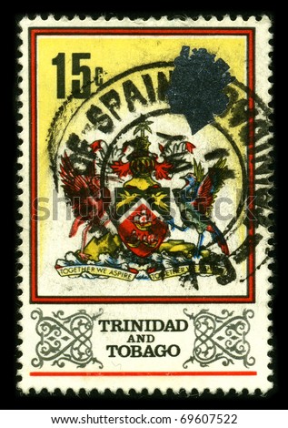 TRINIDAD AND TOBAGO - CIRCA 1980: A stamp printed in TRINIDAD AND TOBAGO shows image of The Coat of Arms of Trinidad and Tobago was designed by a committee formed in 1962 circa 1980