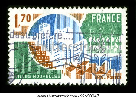 FRANCE - CIRCA 1975:A stamp printed in FRANCE shows image of the New town is a specific type of a planned community, or planned city, that was carefully planned from its inception, circa 1975.