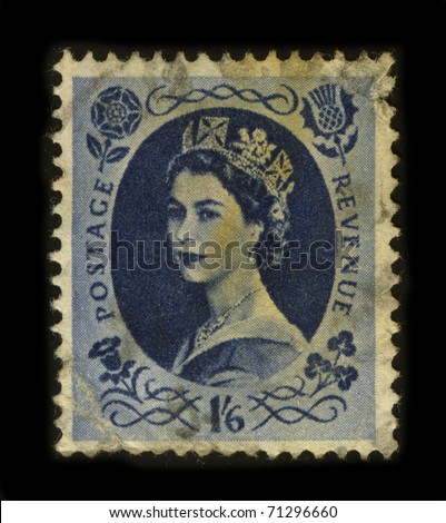 UNITED KINGDOM - CIRCA 1960: An English Used First Class Postage Stamp printed in United Kingdom showing Portrait of Queen Elizabeth in blue, circa 1960.