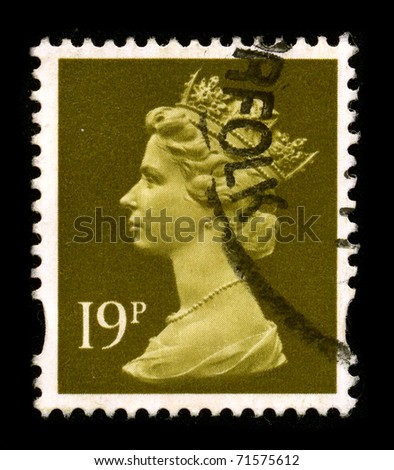 UNITED KINGDOM - CIRCA 1990: An English Used First Class Postage Stamp printed in United Kingdom showing Portrait of Queen Elizabeth in brown, circa 1990.