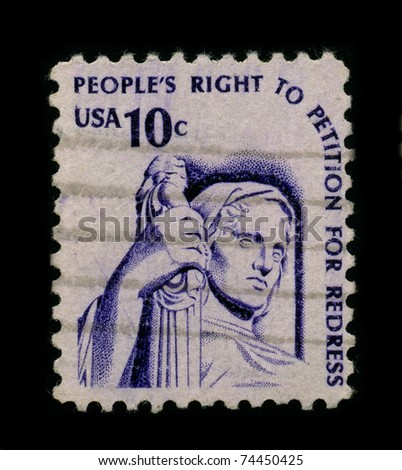USA-CIRCA 1960:A stamp printed in USA shows image of the right to petition is guaranteed by the First Amendment to the federal constitution, circa 1960.