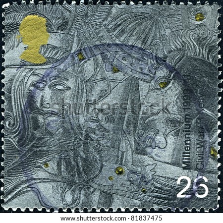 ENGLAND-CIRCA 1999:A stamp printed in ENGLAND shows image of A millennium (plural millenniums or millennia) is a period of time equal to one thousand years from the Latin phrase mille, circa 1999.