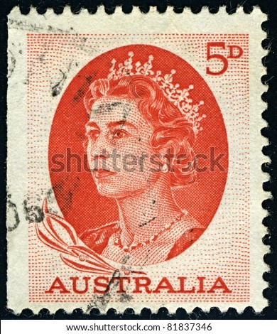 AUSTRALIA-CIRCA 1963:A stamp printed in AUSTRALIA shows image of Elizabeth II (Elizabeth Alexandra Mary, born April 21, 1926) is the constitutional monarch of United Kingdom in orange, circa 1963.