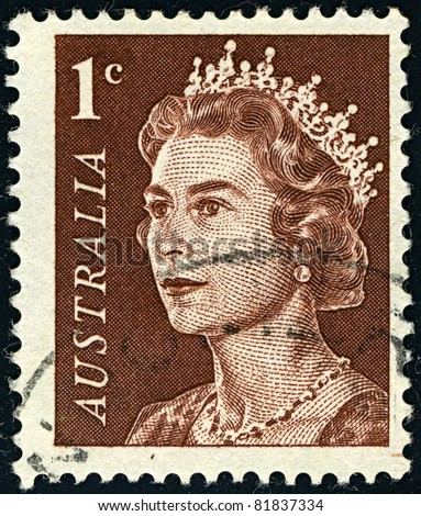 AUSTRALIA-CIRCA 1966:A stamp printed in AUSTRALIA shows image of Elizabeth II (Elizabeth Alexandra Mary, born April 21, 1926) is the constitutional monarch of United Kingdom in brown, circa 1966.
