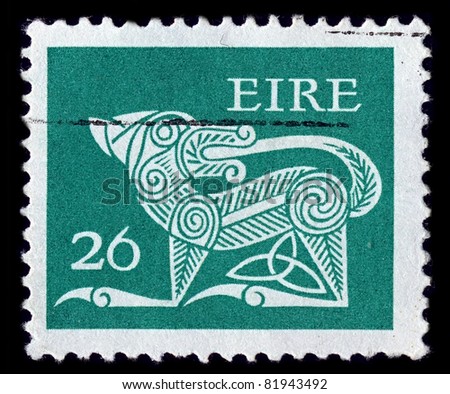 IRELAND-CIRCA 1977:A stamp printed in IRELAND shows image of The dog, in the form of decorative brooches, circa 1977.