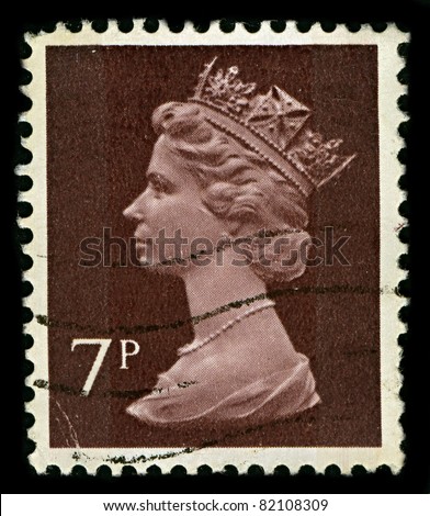 ENGLAND-CIRCA 1971:A stamp printed in ENGLAND shows image of Elizabeth II (Elizabeth Alexandra Mary, born 21 April 1926) is the constitutional monarch of United Kingdom in brown, circa 1971.