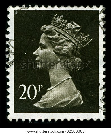 ENGLAND-CIRCA 1971:A stamp printed in ENGLAND shows image of Elizabeth II (Elizabeth Alexandra Mary, born 21 April 1926) is the constitutional monarch of United Kingdom in dark green, circa 1971.