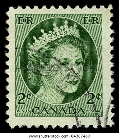 CANADA-CIRCA 1954:A stamp printed in CANADA shows image of Elizabeth II (Elizabeth Alexandra Mary, born 21 April 1926) is the constitutional monarch of United Kingdom in green, circa 1954.