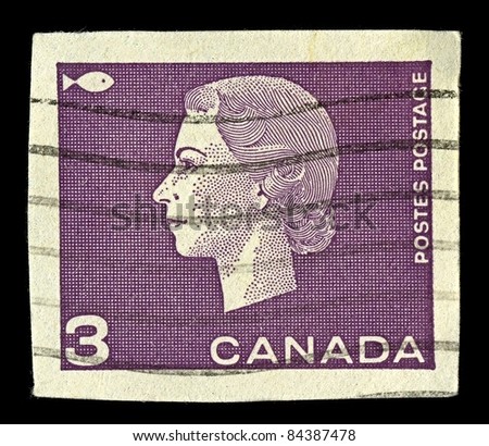 CANADA-CIRCA 1962:A stamp printed in CANADA shows image of Elizabeth II (Elizabeth Alexandra Mary, born 21 April 1926) is the constitutional monarch of United Kingdom in violet, circa 1962.
