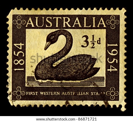 AUSTRALIA-CIRCA 1954:A stamp printed in Australia shows image of Stamp of Western Australia\'s first, circa 1954.
