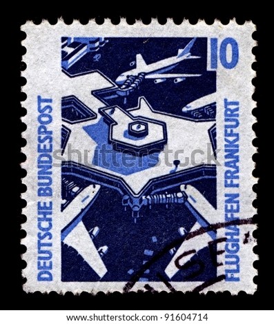 GERMANY-CIRCA 1988:A stamp printed in GERMANY shows image of Frankfurt am Main Airport or simply Frankfurt Airport, known in German as Flughafen Frankfurt am Main or Rhein-Main-Flughafen, circa 1988.