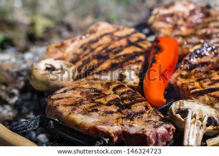 Meat steak on grill with vegetables and mushrooms