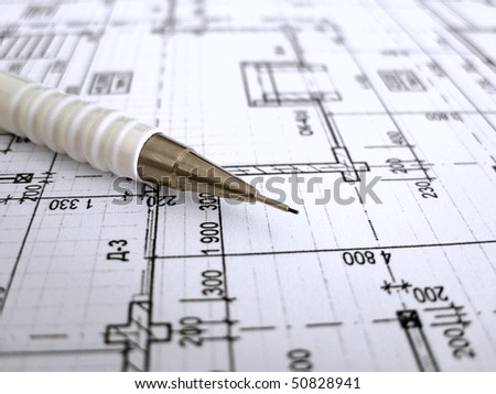 Architectural Drafting  Design on White Mechanical Pencil On Architectural Drawing   Stock Photo
