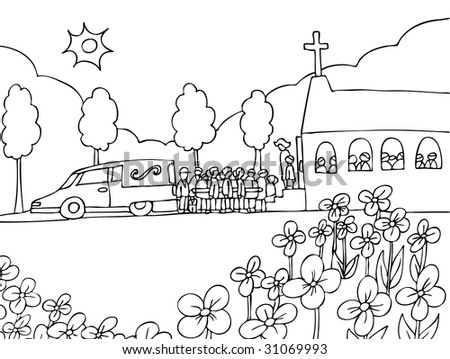Funeral : Cartoon Of People Carrying A Casket Out Of A Hearse And Into