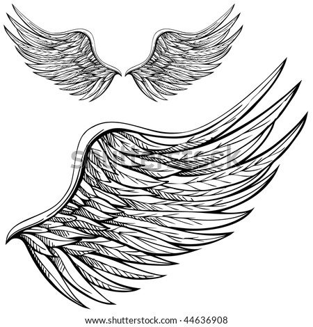 stock vector Cartoon angel wings in black and white Drawn by hand