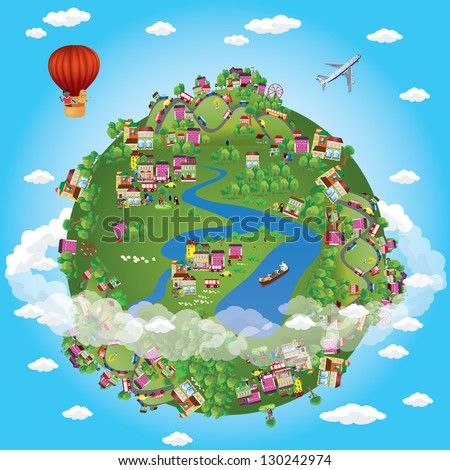 Miniature Globe. Vector. Various Landscapes Like Mountain, Beach, Ocean, Town, City, Woods And Also Transports And Communications.