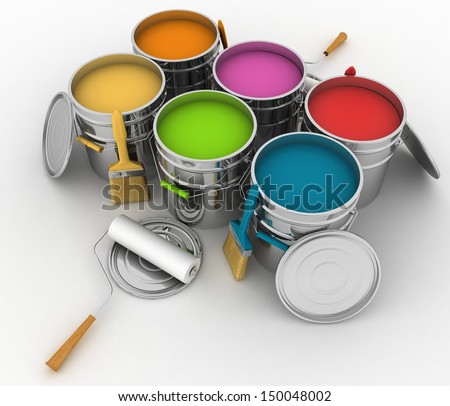 open buckets with a paint brush and rollers 3D illustration on white background open buckets with a paint brush and rollers 3D illustration on white background