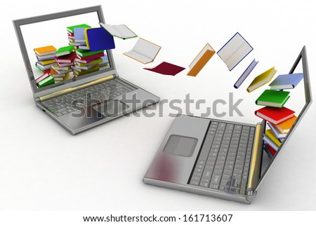 Books fly into laptop. Concept of exchange of information.  3d illustration on white background