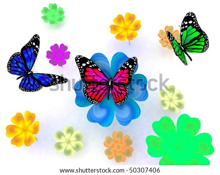 Butterfly and flowers on white background