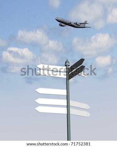 Guide sign and plane on a background of blue sky