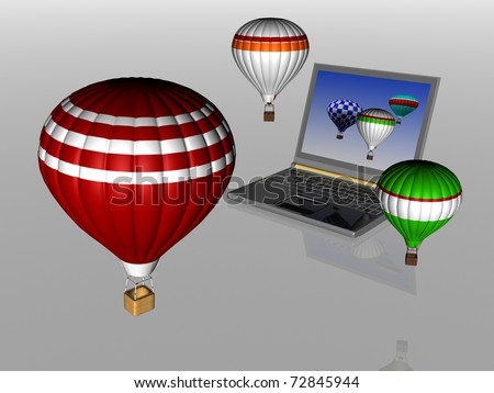 Hot air balloons take off from the screen of laptop. Unity 3d charts and the real world