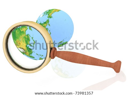 3d illustration of blue earth globe with magnify glass. Japan