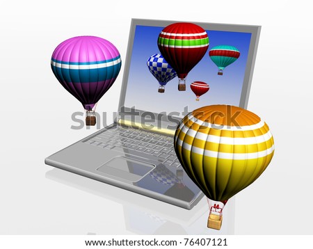 Hot air balloons take off from the screen of laptop. Unity 3d charts and the real world