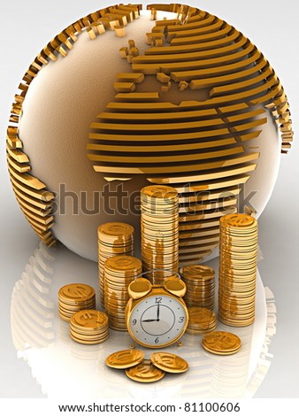 Gold globe with many gold coins and clock