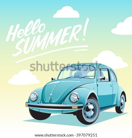 Travel by car. Hello summer vacation trip illustration. Retro Blue car on a sky gradient background.