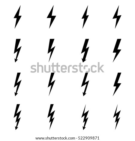 Set of icons representing lightning bolt, lightning strike or thunderstorm. Suitable for voltage, electricity and power signs. Vector Illustration
