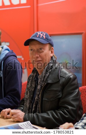 HEIDELBERG, GERMANY - FEBRUARY, 2014: English bass guitarist Bob Skeat of the band Wishbone Ash at a autograph session for fans on February 18, 2014 in Heidelberg, Germany