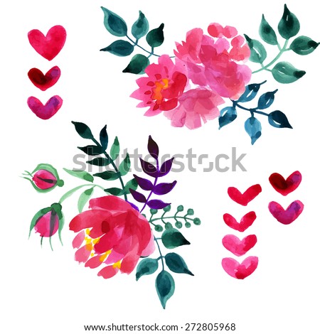 Set of beautiful watercolor flowers and leaves on a white background for your design. For spring cards, invitations for a summer wedding. Lovely floral elements to save the date cards