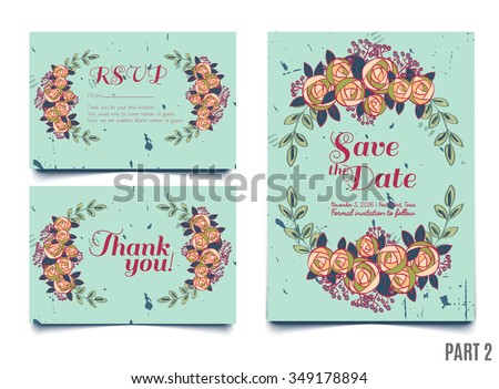 Trendy blue card with roses for weddings, save the date invitation, RSVP and thank you, valentines day  cards. Contemporary glamour  template
