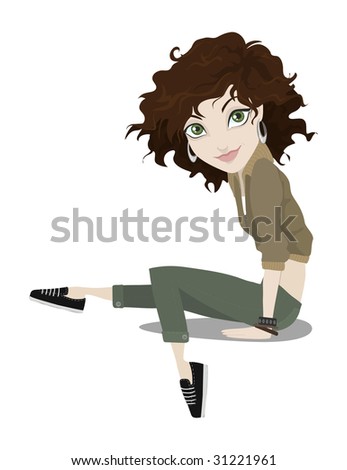 illustration of cute girl with a big head, outdoorsy. part of series