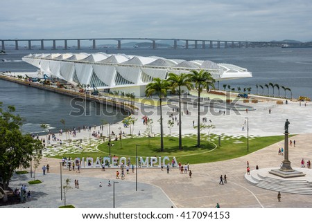 Maua Square and the new Museum of Tomorrow seen from the terrace of MAR (Rio\'s Art Museum) in Rio de Janeiro, Brazil